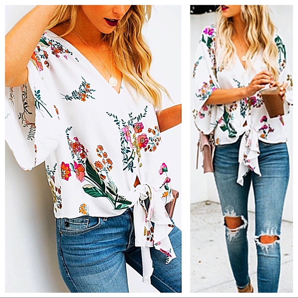 RESTOCK! Beautiful floral Tie Kimono Blouse - Picture 7 of 8